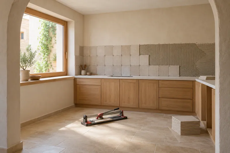 Visualización conceptual IA: Colocación de azulejos con separadores y adhesivo sobre una pared de cocina.