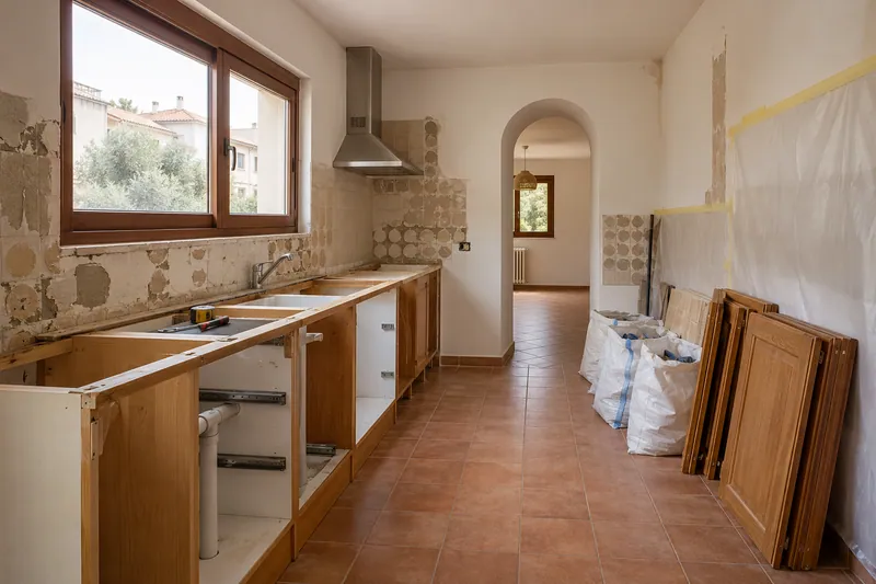 Visualización conceptual IA: Retirada de muebles y revestimientos al comienzo de una reforma de cocina.